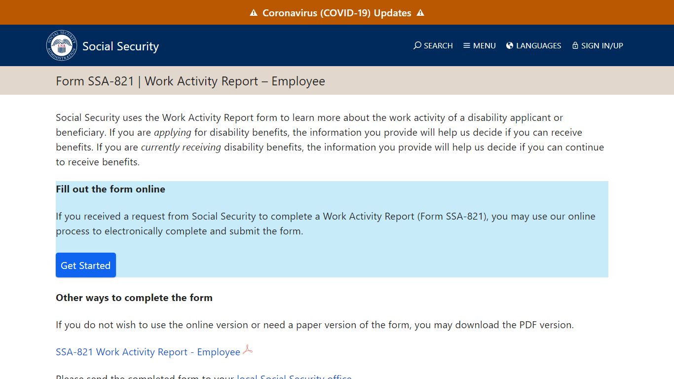 Form SSA-821 | Work Activity Report – Employee